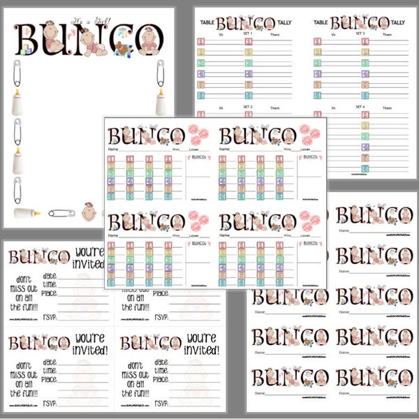 It's a Girl Bunco Printable Set, Baby Shower Bunco Score Cards & Tally Sheet, Instant Download, Editable Bunco Invites