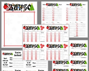 May include: A collection of printable Christmas-themed Bunco game materials including a large bordered sheet, tally sheets for four sets, individual scorecards, and invitation cards, all featuring Santa, a Christmas tree, and dice graphics.