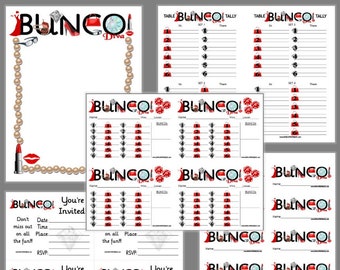 Puede incluir: Una colección de materiales imprimibles para el juego Bunco Diva que incluye hojas de puntuación, tarjetas de conteo e invitaciones. Los diseños presentan gráficos de tacones rojos, labiales, perlas, diamantes y dados con el texto Bunco Diva.