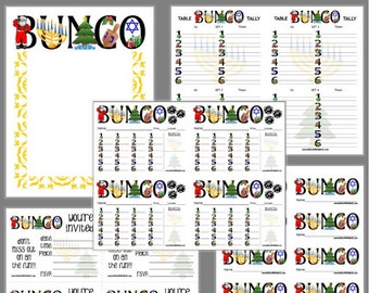 May include: A collection of printable Bunco game materials featuring holiday-themed graphics including Santa, a menorah, a Christmas tree, a dreidel, and a Star of David. The set includes score sheets, tally cards, and invitations with text.