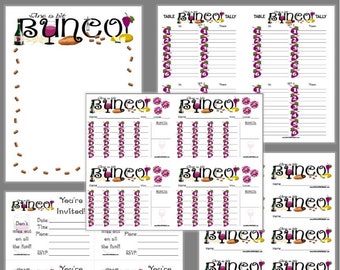 May include: A collection of printable Bunco game sheets featuring wine-themed graphics, including wine bottles, glasses, grapes, and cheese. The set includes scorecards, tally sheets, and invitation templates, all decorated with the text "Bunco".
