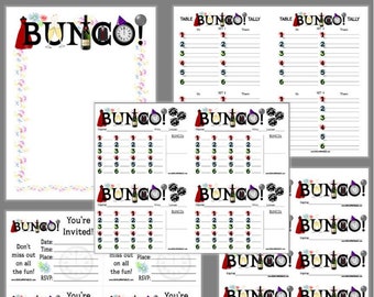 May include: A collection of printable Bunco game stationery featuring party-themed graphics including champagne glasses, a wine bottle, a clock, and confetti. The set includes score sheets, tally cards, and invitation templates with blank lines.