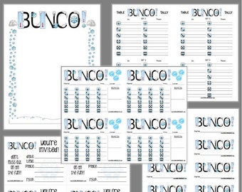 May include: A collection of printable Bunco game materials featuring a winter theme with snowflakes and thermometers. The set includes score sheets, tally cards, invitations, and name tags, all decorated with blue and white winter graphics.