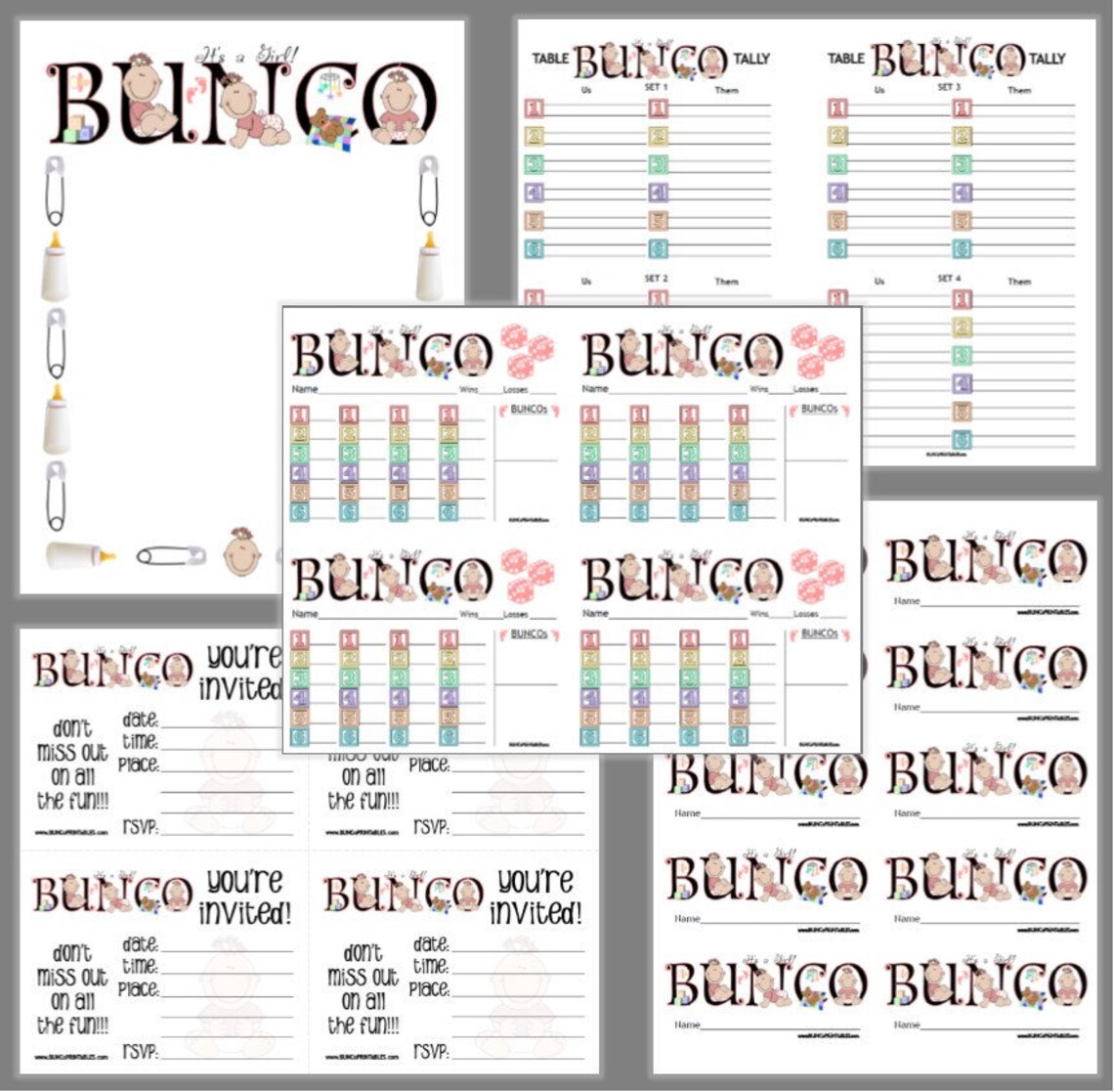 It's a Girl Bunco Printable Set, Baby Shower Bunco Score Cards & Tally ...