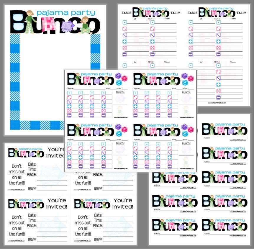 Pajama Party Bunco Printable Set, Pajama Bunco Score Cards &amp; Tally ...