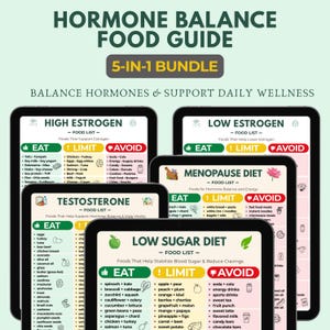 May include: A digital food guide bundle with five different guides for hormone balance and daily wellness. The guides include lists of foods to eat, limit, and avoid for high estrogen, low estrogen, testosterone, menopause, and low sugar diets.