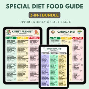 Puede incluir: Una guía digital de alimentos dietéticos con tres listas: Kidney Friendly, Candida Diet y Diverticulitis. Cada lista clasifica los alimentos como Comer, Limitar o Evitar, con gráficos y texto coloridos. El paquete apoya la salud renal e intestinal.