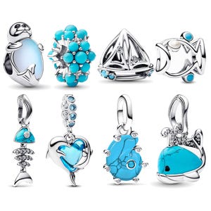 Collezione di charm a tema oceano in argento sterling 925, charm con delfini, foche, barche a vela e vita marina, perline turchesi blu per bracciale Pandora, gioielli da viaggio.