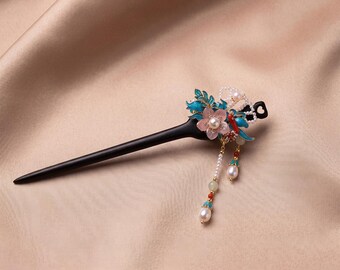 Horquilla de sándalo oscuro, broche de madera con hoja azul y flor rosa, colgante de borla floral, tocado chinoiserie vintage, accesorio real Hanfu