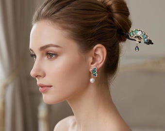 Ensemble de bijoux en ormeau, boucle d'oreille papillon et épingles pour cheveux en éventail, accessoires de chinoiseries Hanfu, cadeau de mariée oriental vintage