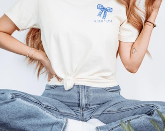 Mama T-Shirt Super Mom Schleife Blau | Geschenk Muttertag & Geburtstag | personalisierbar mit Name