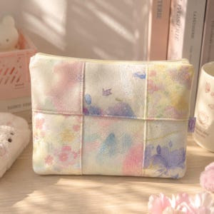 Trousse de maquillage faite main, pochette zippée patchwork floral pastel, porte-monnaie scintillant