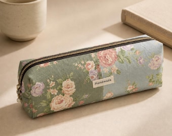 Estuche para lápices floral hecho a mano, neceser de maquillaje vintage, estuche para bolígrafos con cremallera, organizador acogedor, accesorio de escritorio para profesor, estuche para útiles escolares, regalo para ella.