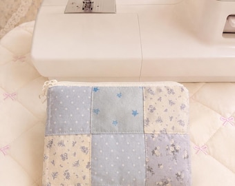 Handmade Cloud Blue Patchwork Coin Purse, Quilted Floral Zipper Pouch, Cottagecore Wallet Bag