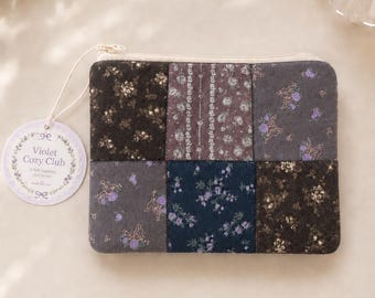 Handmade Midnight Lavender Patchwork Makeup Bag, Dark Floral Cottagecore Pouch