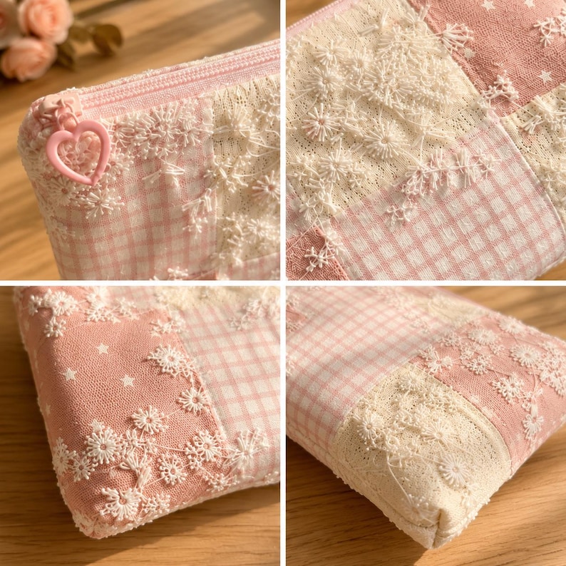 May include: A rectangular zipped pouch featuring a patchwork design of light pink gingham fabric, solid pink fabric with white stars, and cream-coloured floral lace overlays. The zip pull is a pink heart-shaped charm made of plastic.