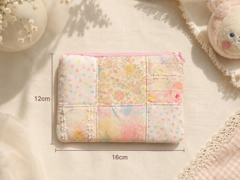 Puede incluir: Un estuche de tela rectangular con un dise&ntilde;o de patchwork de patrones florales y de corazones en tonos pastel rosa, amarillo y azul. El estuche tiene una cremallera rosa y mide 12 cm por 16 cm seg&uacute;n las marcas de medici&oacute;n visibles.