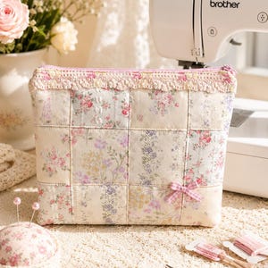 Large Floral Patchwork Pouch, Handmade Quilted Makeup Bag, Lace Bow Cosmetic Pouch, Cottagecore Travel Organizer, Gift for Her