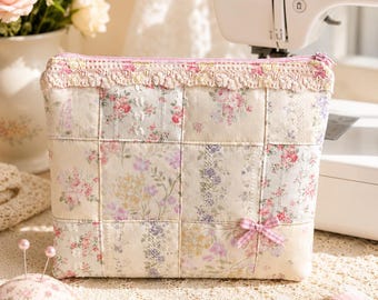 Large Floral Patchwork Pouch, Handmade Quilted Makeup Bag, Lace Bow Cosmetic Pouch, Cottagecore Travel Organizer, Gift for Her