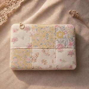 Puede incluir: Un estuche rectangular con cremallera que presenta un diseño de patchwork con varios tejidos florales en tonos crema, amarillo y rosa. Los paneles de tela están cosidos en un patrón de cuadrícula y el tirador de la cremallera tiene forma de corazón.