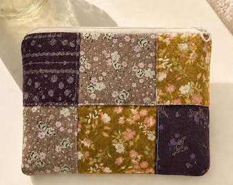 Estuche de patchwork hecho a mano, soporte floral para teléfono, organizador de maquillaje acolchado, monedero, estuche para artículos esenciales de viaje, almacenamiento diario, bolsa pequeña de tela