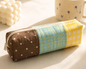 Estuche para bolígrafos de patchwork hecho a mano, bolsa para útiles escolares, organizador de lápices de escritorio, estuche de viaje con cremallera, soporte para artistas, regreso a clases, regalo para ella