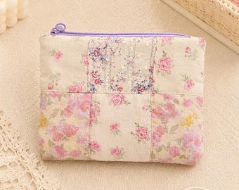 Bolsita de patchwork floral hecha a mano, monedero coreano, neceser de maquillaje estilo cottagecore
