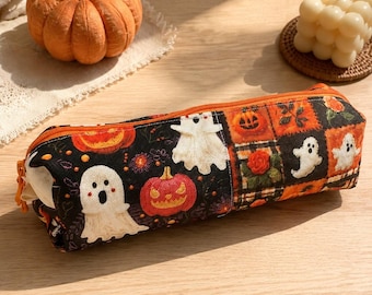 Estuche para lápices de Halloween hecho a mano con cremallera, organizador de fantasmas, bolsa de papelería con forma de calabaza, regalo para estudiantes, almacenamiento para escritorio escolar, estuche para bolígrafos de viaje de otoño.