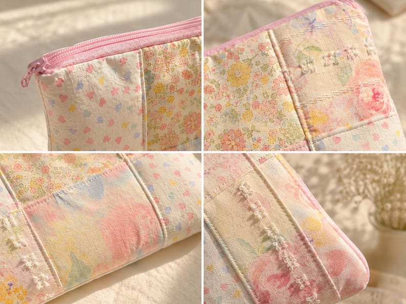 Estuche con cremallera hecho a mano con retazos, neceser floral, organizador de viaje, regalo para ella. imagen 4