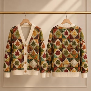 Autumn Maple Leaf Cardigan for Men and Women, Patchwork Print Fall Button Up Sweater