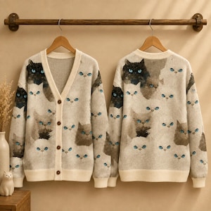 May include: A beige V-neck cardigan with a button-down front and a long-sleeve pullover sweater, both featuring an all-over pattern of various cat faces with distinct blue eyes, displayed on wooden hangers against a plain wall.