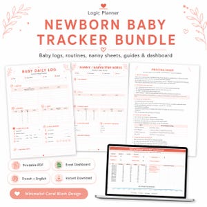 Peut inclure: Un ensemble de suivi pour nouveau-né par Logic Planner avec du texte et des accents corail. Comprend un journal quotidien, des notes pour nounou, un guide d'impression et un tableau de bord Excel pour suivre l'alimentation, le sommeil et la santé.
