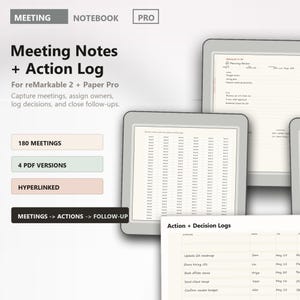 Könnte beinhalten: Ein digitales Notizbuch mit dem Text "Meeting Notes + Action Log" wird auf einem Tablet angezeigt. Das Bild hebt Funktionen wie 180 Meetings, 4 PDF-Versionen und Hyperlinks hervor. Das Notizbuch ist für reMarkable 2 und Paper Pro konzipiert.
