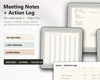 reMarkable 2 Meeting Notizbuch, Meeting Notizen Planer Hyperlinked PDF, reMarkable Paper Pro Template, Action Log, Entscheidungslogbuch, Links Rechts