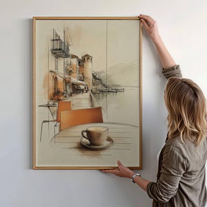 Boho Mediterranean Coffee Wall Art – Italian Café Lake View Print in Warm Earth Tones – Minimalist Kitchen & Dining Room Decor
