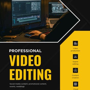 May include: A promotional image for video editing services. The image features a person working on a computer with video editing software. The text reads "PROFESSIONAL VIDEO EDITING" with additional text about social media content, promotional content, events, and weddings.