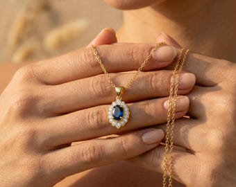 Sapphire Necklace 14K Solid Gold • Blue Oval Halo Pendant Women•September Birthstone Necklace•Vintage CZ Sapphire Gold Jewelry•Birthday Gift