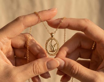 Dove Necklace Gold Women • Oval Medallion Bird Pendant • Peace Dove Charm Necklace • Spiritual Jewelry Gift Her • Summer Necklace Women Gold
