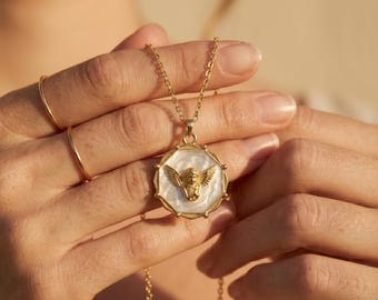 Angel Necklace Gold • Mother of Pearl Angel Pendant • Guardian Angel Necklace • Cherub Coin Necklace Women • Birthday Gift for Her