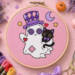 Halloween Ghost Cat Cross Stitch Pattern PDF, Cute Kawaii Spooky Counted Chart Top Hat Ghost Black Cat Witchy Bow Tie Instant Download Gifts