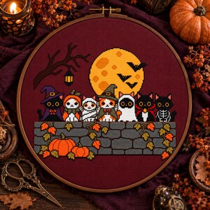 Halloween Cat Cross Stitch Pattern PDF, Cute Spooky Cats, Witch Hat, Full Moon, Pumpkin and Bat Design, Autumn Embroidery Chart Digital File