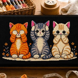 以下が含まれることがあります： 黒い背景に3匹の子猫が刺繍されたクロスステッチ作品。木製のフレームに固定されています。左の子猫は目を、中央の子猫は耳を、右の子猫は口を覆っています。足元には小さなオレンジ色の花が描かれています。