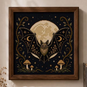 Peut inclure: Une broderie au point de croix encadrée représentant une chauve-souris aux ailes déployées devant une grande pleine lune jaune pâle. Le fond sombre comporte des étoiles dorées, des vignes entrelacées et des champignons dans un cadre en bois.
