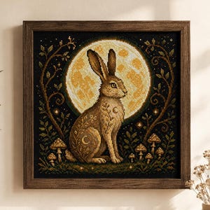 May include: A square framed cross-stitch embroidery featuring a brown rabbit sitting in front of a large, glowing yellow full moon. The scene includes dark foliage, small mushrooms, and golden crescent moon symbols on the rabbit's fur.