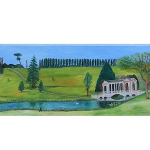 May include: A landscape painting depicting a Palladian bridge over a river in a green park. The scene includes a row of tall trees, a winding path, a distant building, and a figure fishing by the water. The artist's signature Kay Drury is visible.