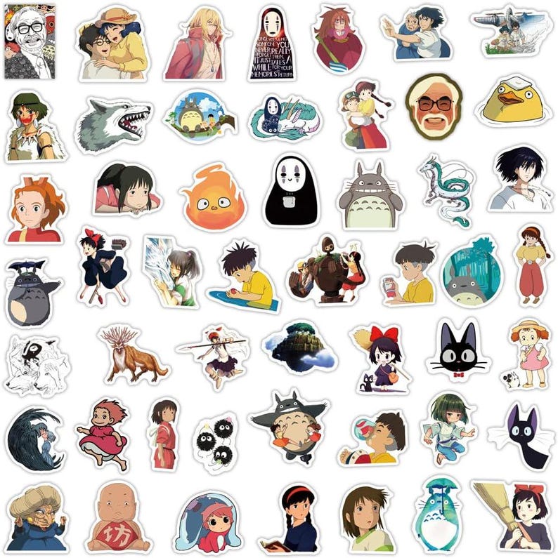 May include: A collection of colorful anime-themed stickers featuring characters from various animated films. The stickers showcase a variety of characters in different poses and styles, with a white border.