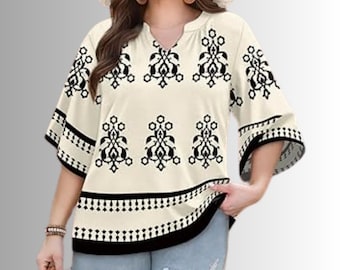 Women’s V-Neck Blouse Summer, Casual Dressy Top, Plus Size Resort Shirt