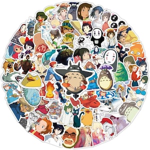 May include: A circular collection of colorful anime-themed stickers featuring various characters. The stickers showcase a variety of designs, including characters from popular animated films. The stickers are in various shapes and sizes.