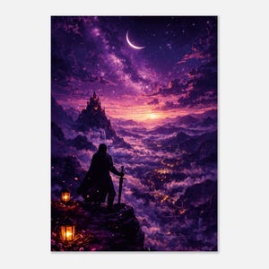 Puede incluir: Impresión de arte digital que representa una silueta con una espada, contemplando un paisaje de fantasía. La escena presenta un castillo en una montaña, una luna creciente y un cielo púrpura y rosa vibrante. Dos linternas iluminan el primer plano.