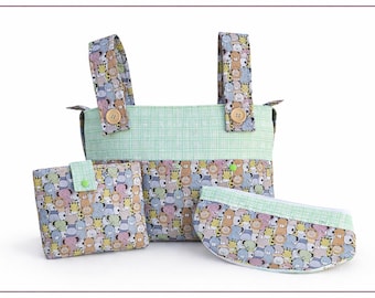 Handmade Baby Diaper Bag Set, Mint Animal Print Organizer, Clutch, Changing Pad